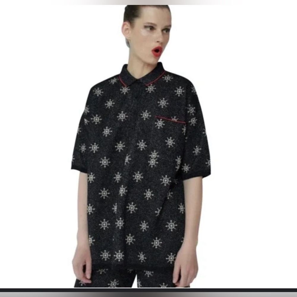 Zara Black Metallic Thread Printed Pocket Sweater Shirt Size Large